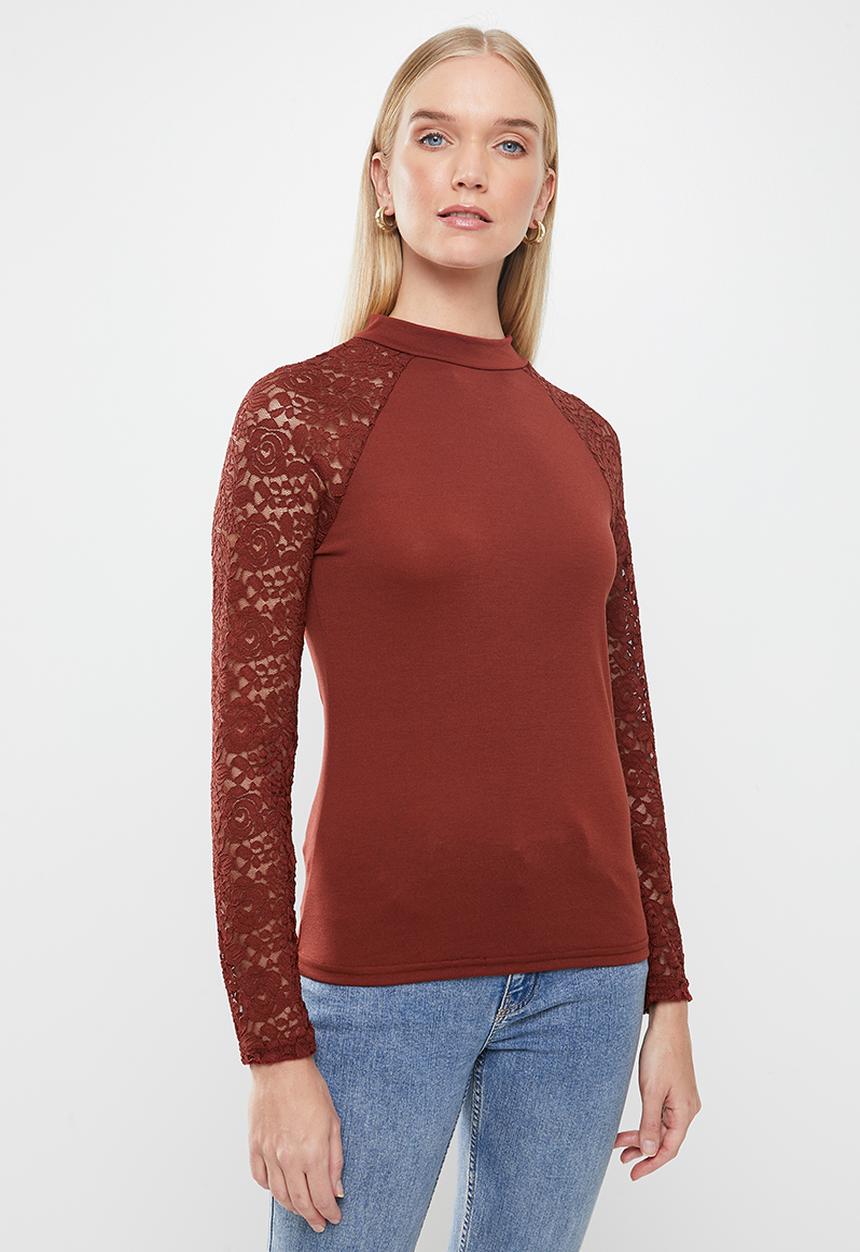 Jacqueline de Yong - Kim long sleeve high neck lace top - rust