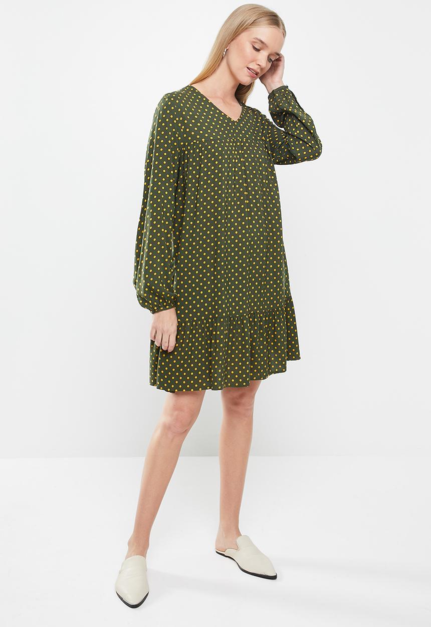 Jacqueline de Yong - Enzo tier dress - olive & yellow 