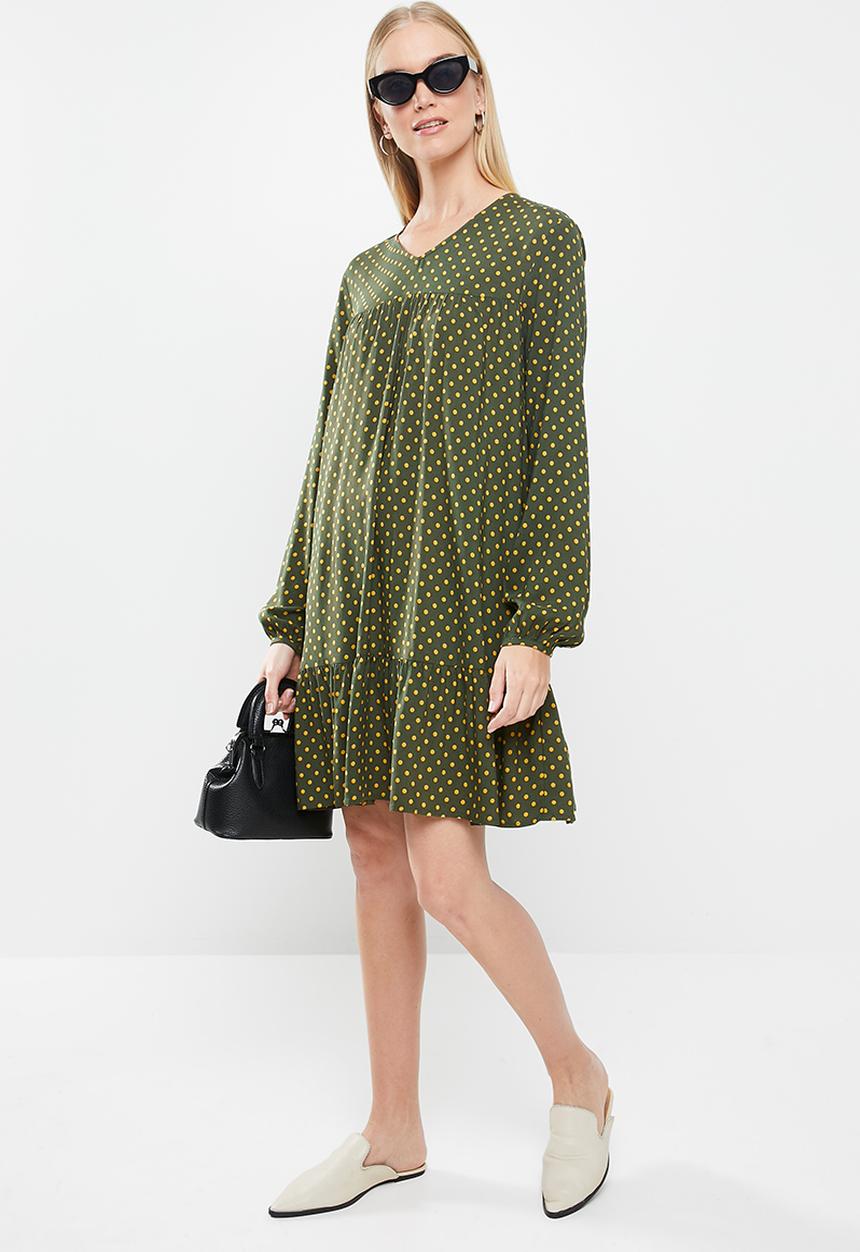 Jacqueline de Yong - Enzo tier dress - olive & yellow 