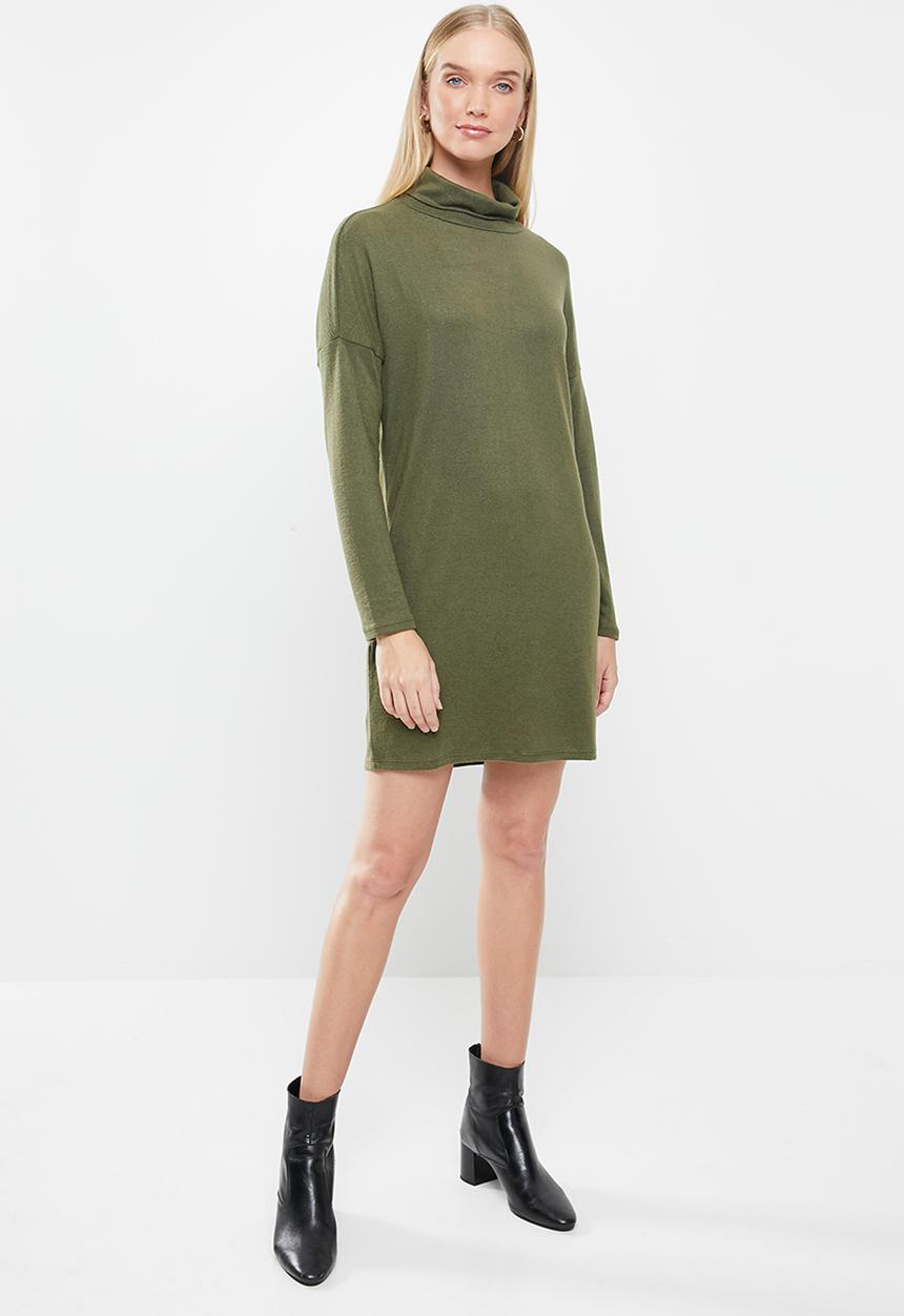 Jacqueline de Yong - Sara tonsy long sleeve cowl neck dress - olive 