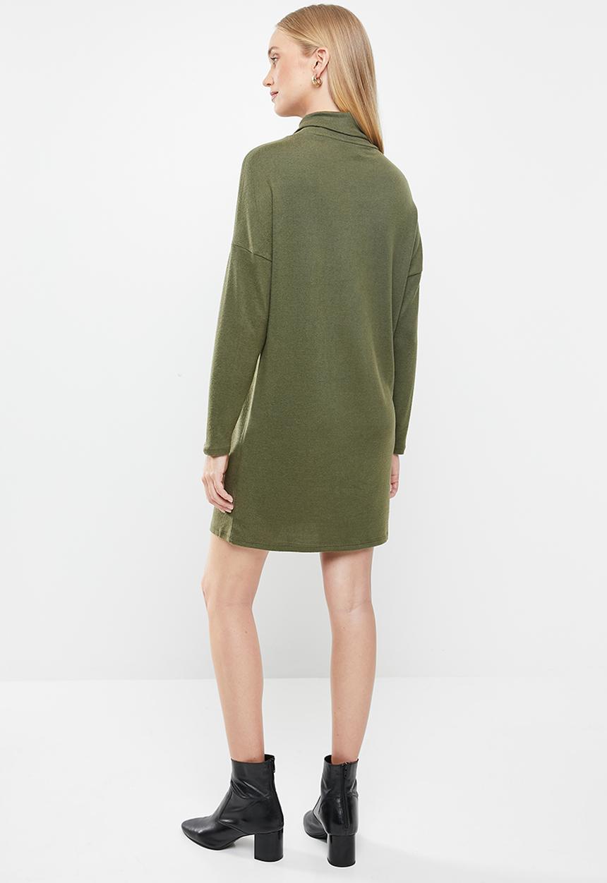 Jacqueline de Yong - Sara tonsy long sleeve cowl neck dress - olive 
