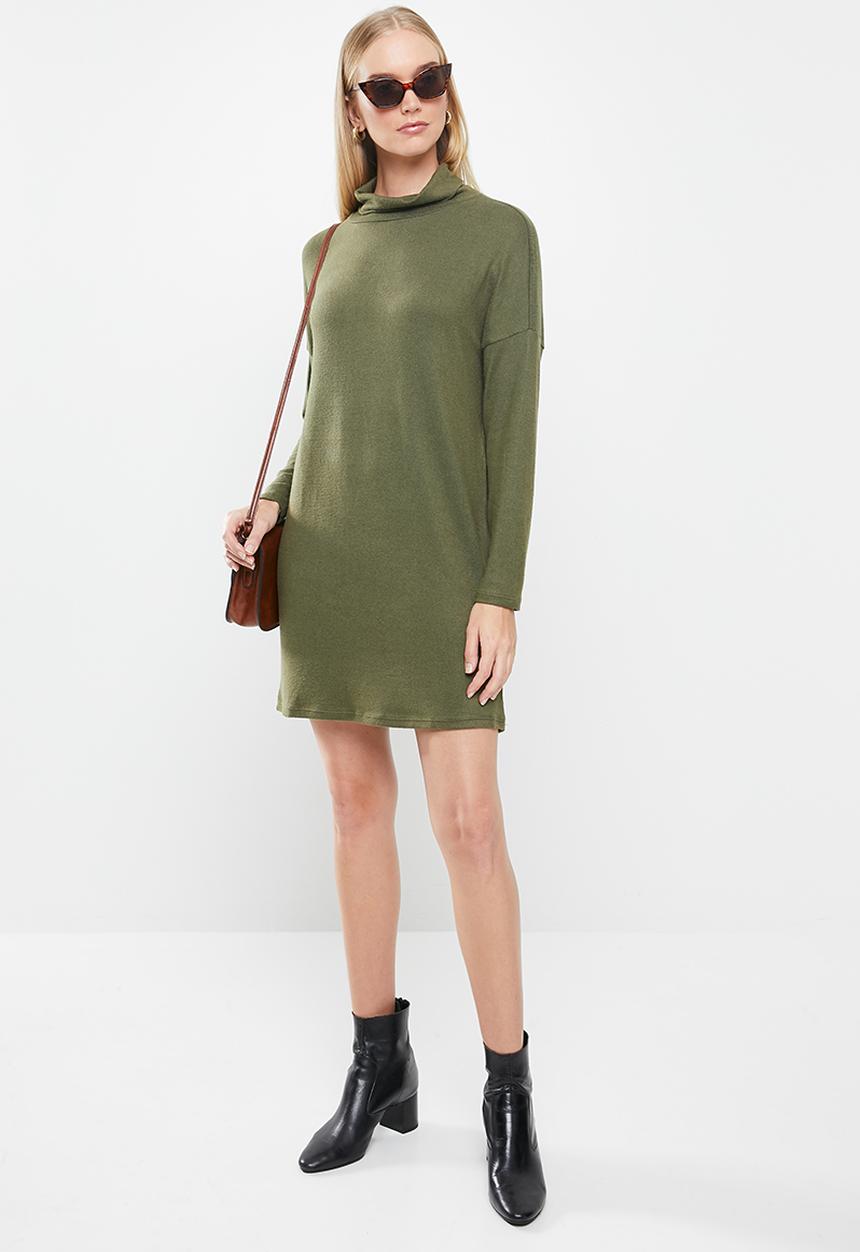 Jacqueline de Yong - Sara tonsy long sleeve cowl neck dress - olive 