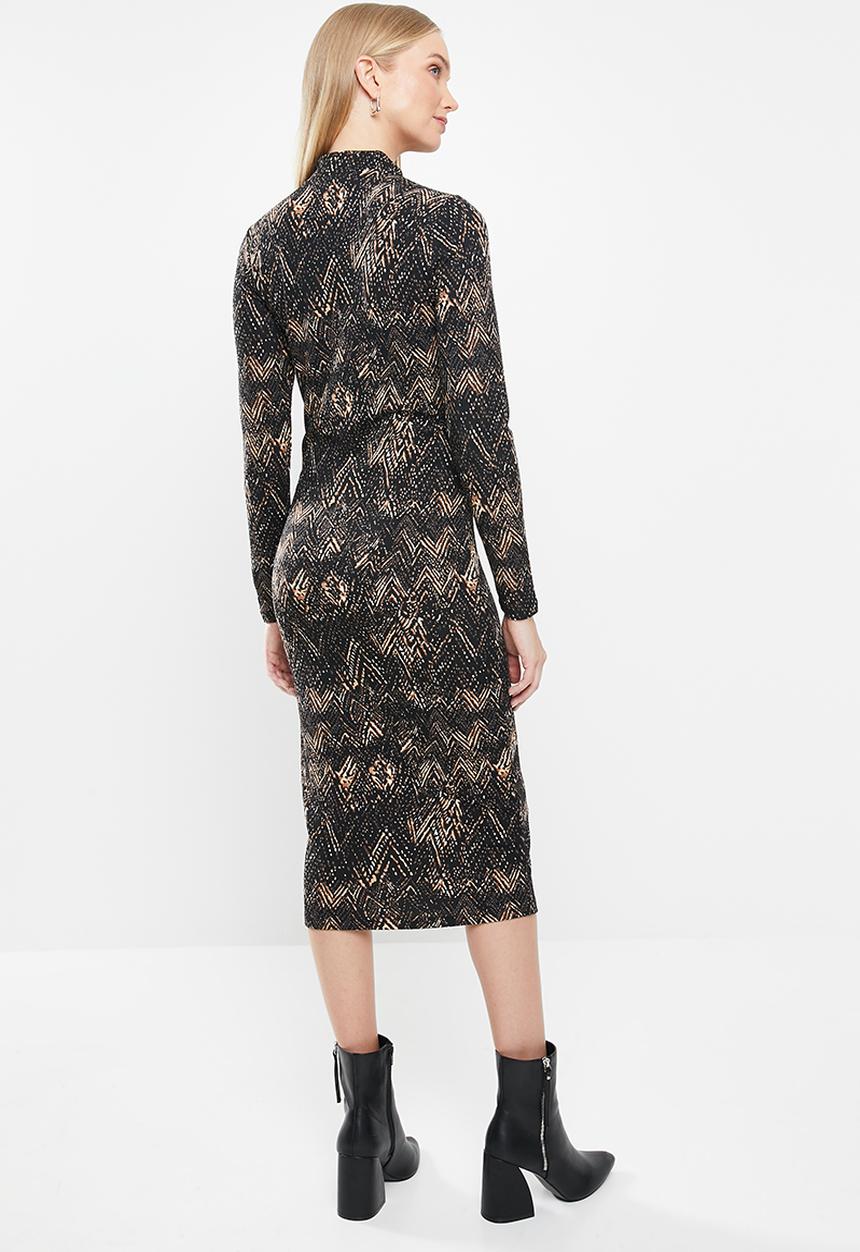 Jacqueline de Yong - Christy long sleeve dress - black & brown 