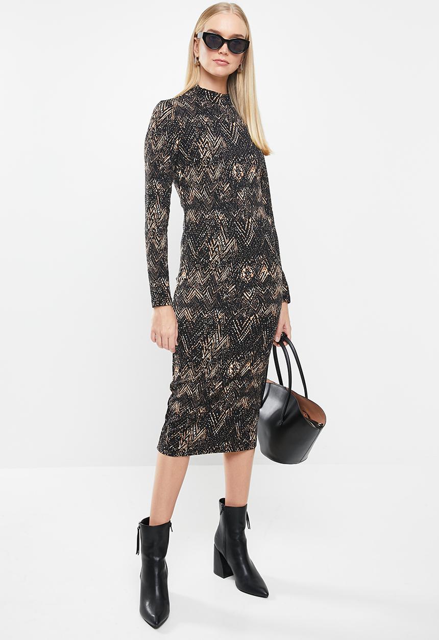 Jacqueline de Yong - Christy long sleeve dress - black & brown 