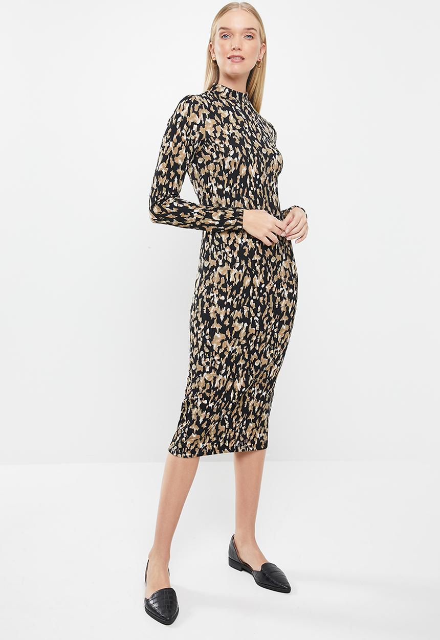 Jacqueline de Yong - Christy long sleeve dress - black & beige 