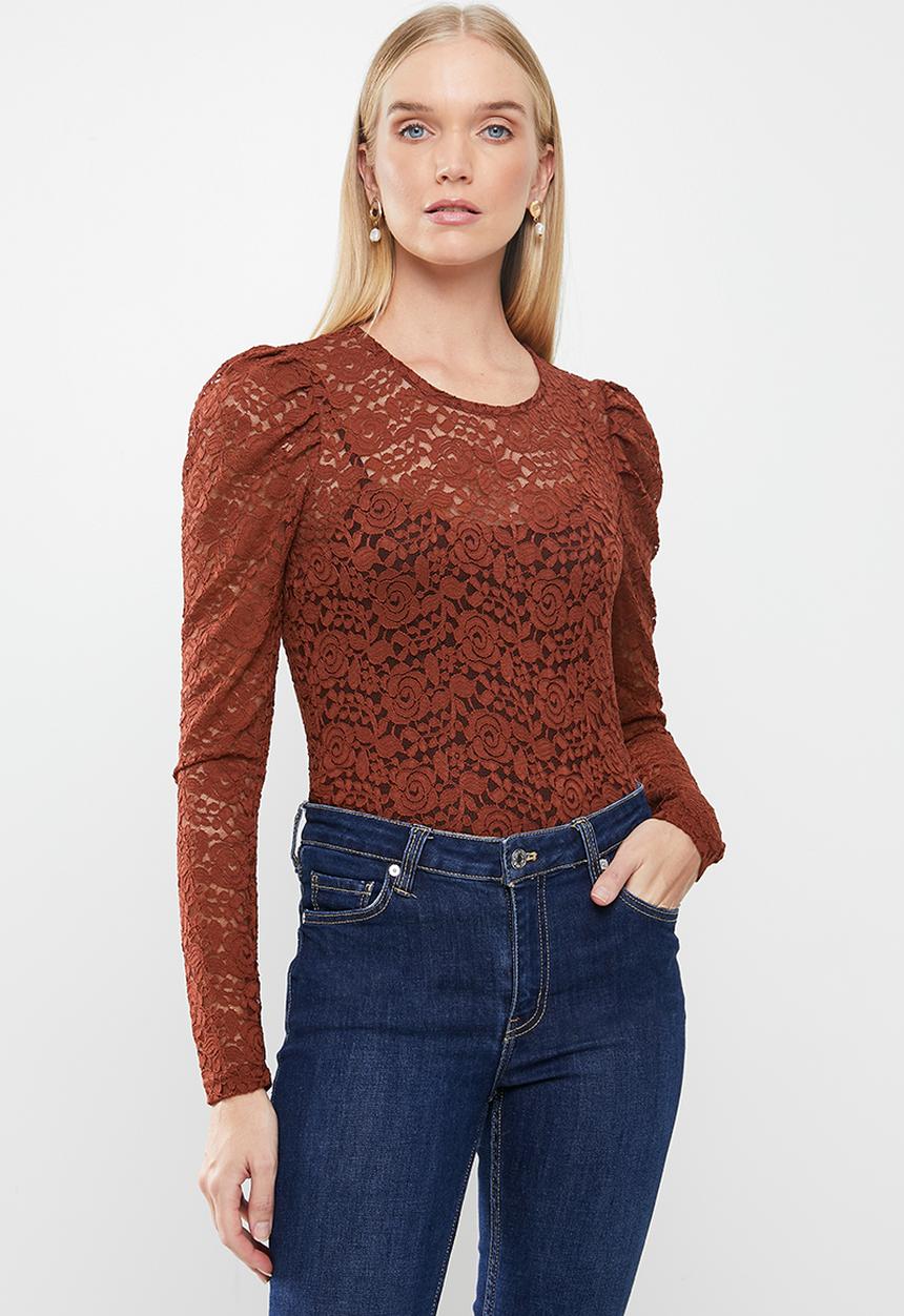 Jacqueline de Yong - Kim long sleeve puff sleeve lace top - russet brown