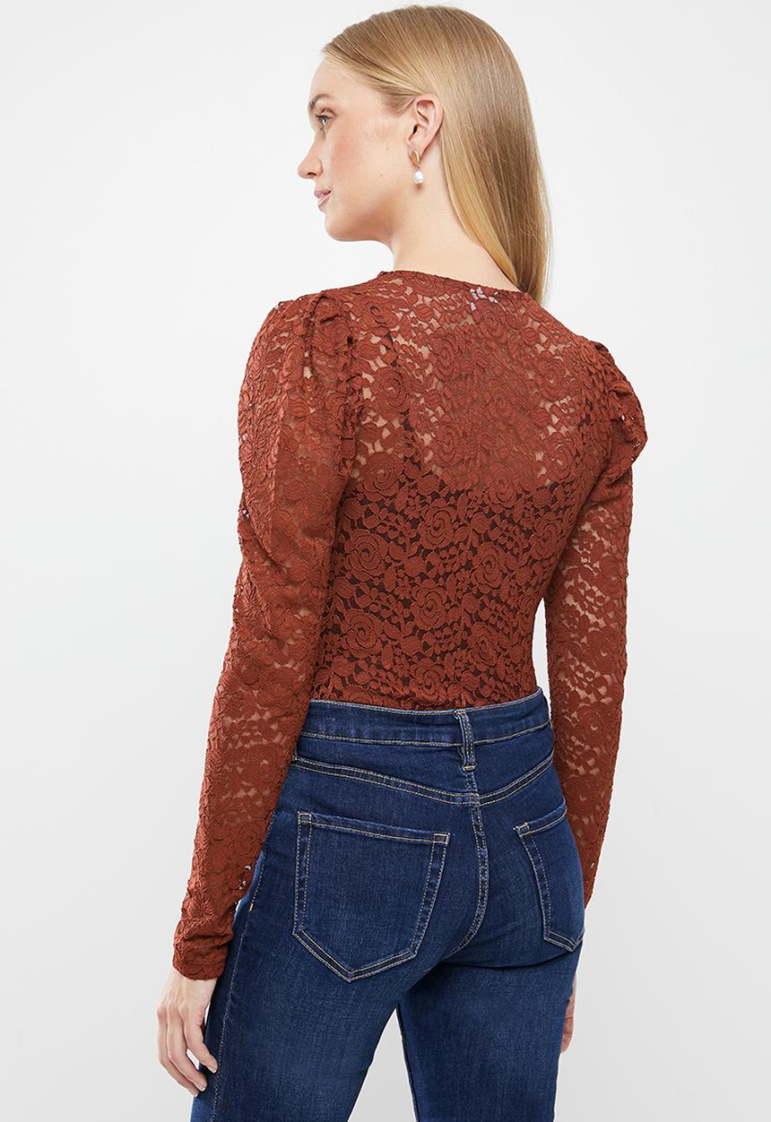Jacqueline de Yong - Kim long sleeve puff sleeve lace top - russet brown