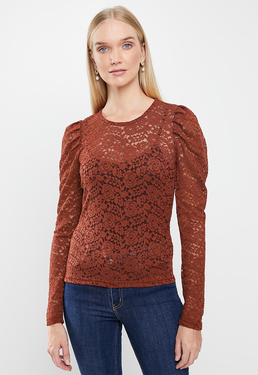 Jacqueline de Yong - Kim long sleeve puff sleeve lace top - russet brown