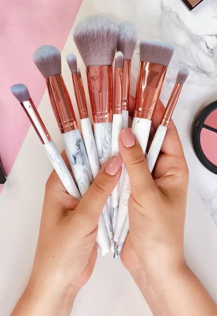 Glam Beauty - 10 Piece Make-Up Brush Set and Case - White Marble