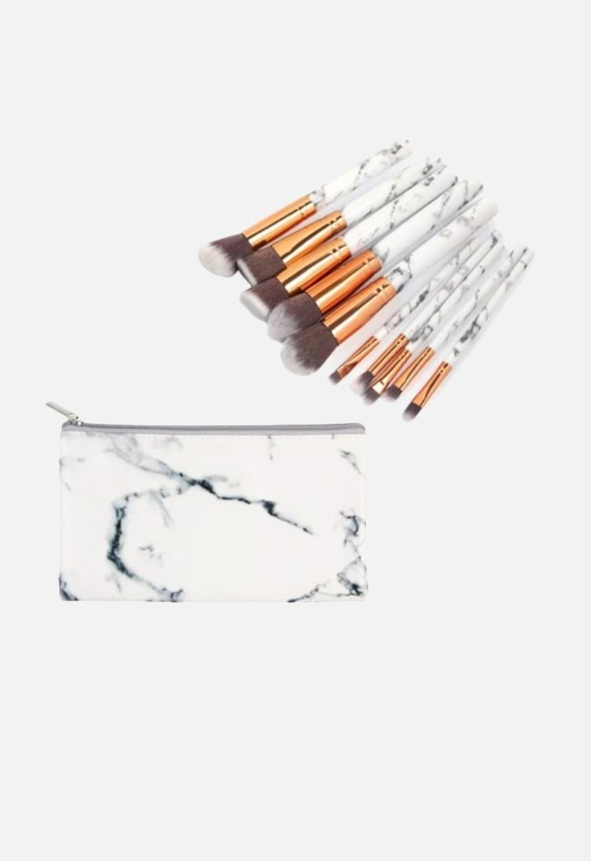 Glam Beauty - 10 Piece Make Up Brush Set and Purse - White Marble