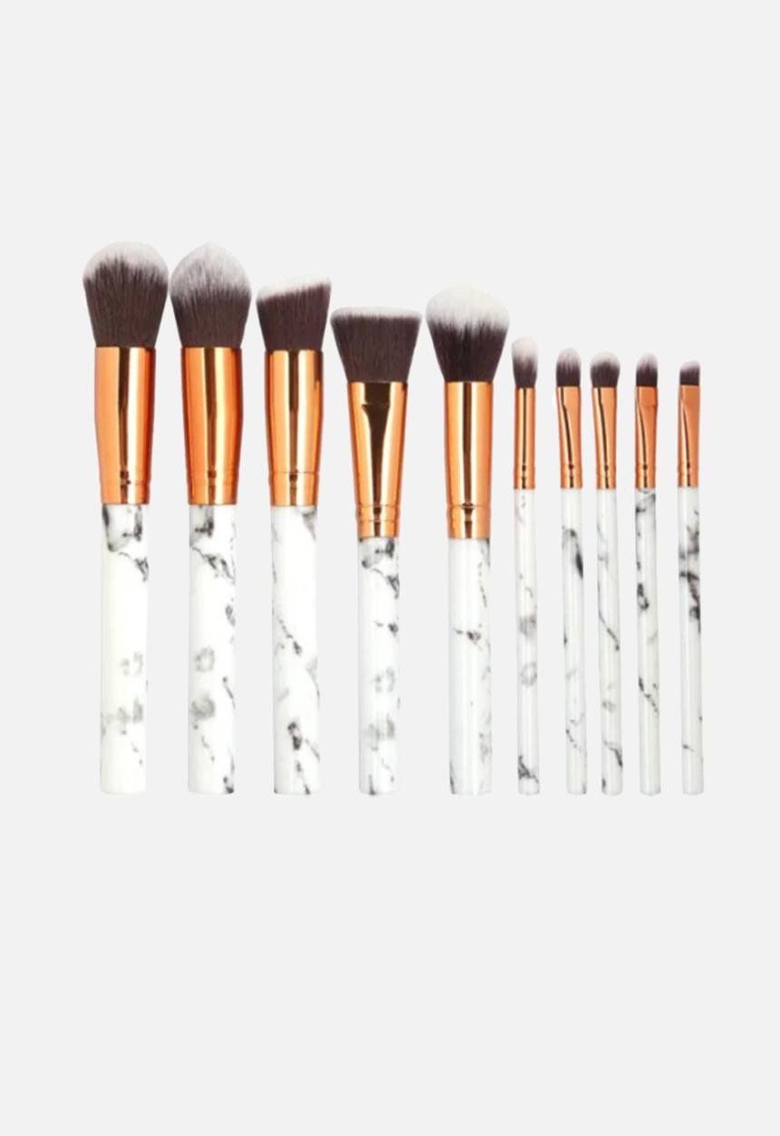 Glam Beauty - 10 Piece Make Up Brush Set and Purse - White Marble