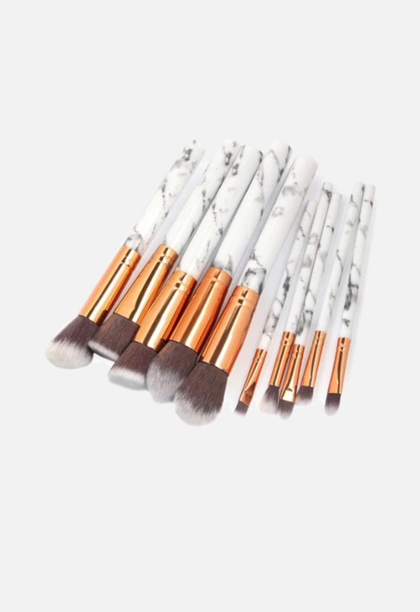 Glam Beauty - 10 Piece Make Up Brush Set and Purse - White Marble