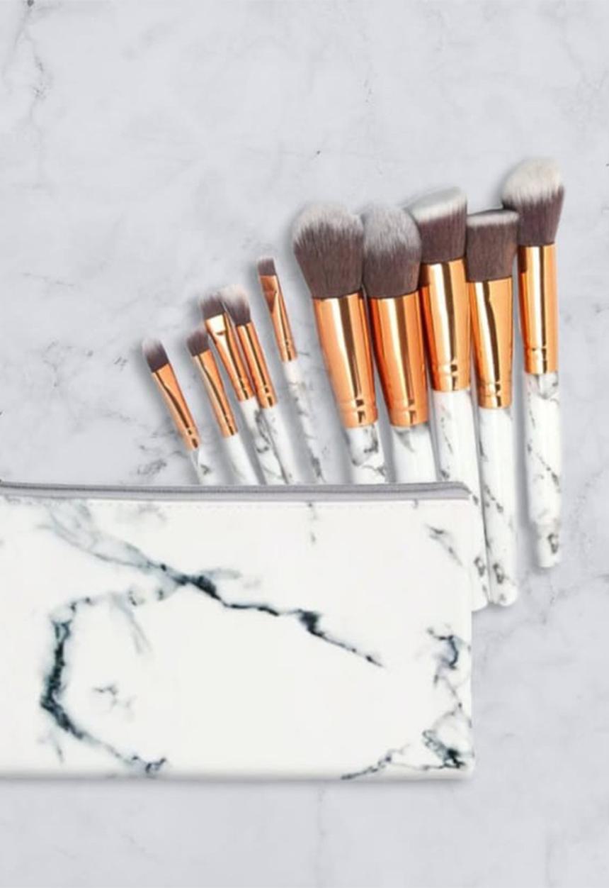 Glam Beauty - 10 Piece Make Up Brush Set and Purse - White Marble