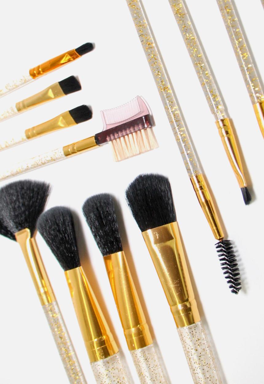 Glam Beauty - 12 Piece Make-Up Brush Set and Case - Glitter Gold