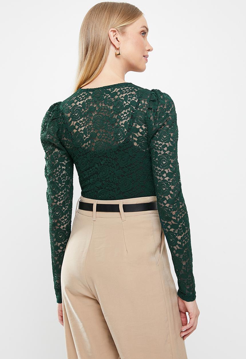 Jacqueline de Yong - Kim long sleeve puff sleeve lace top - green 