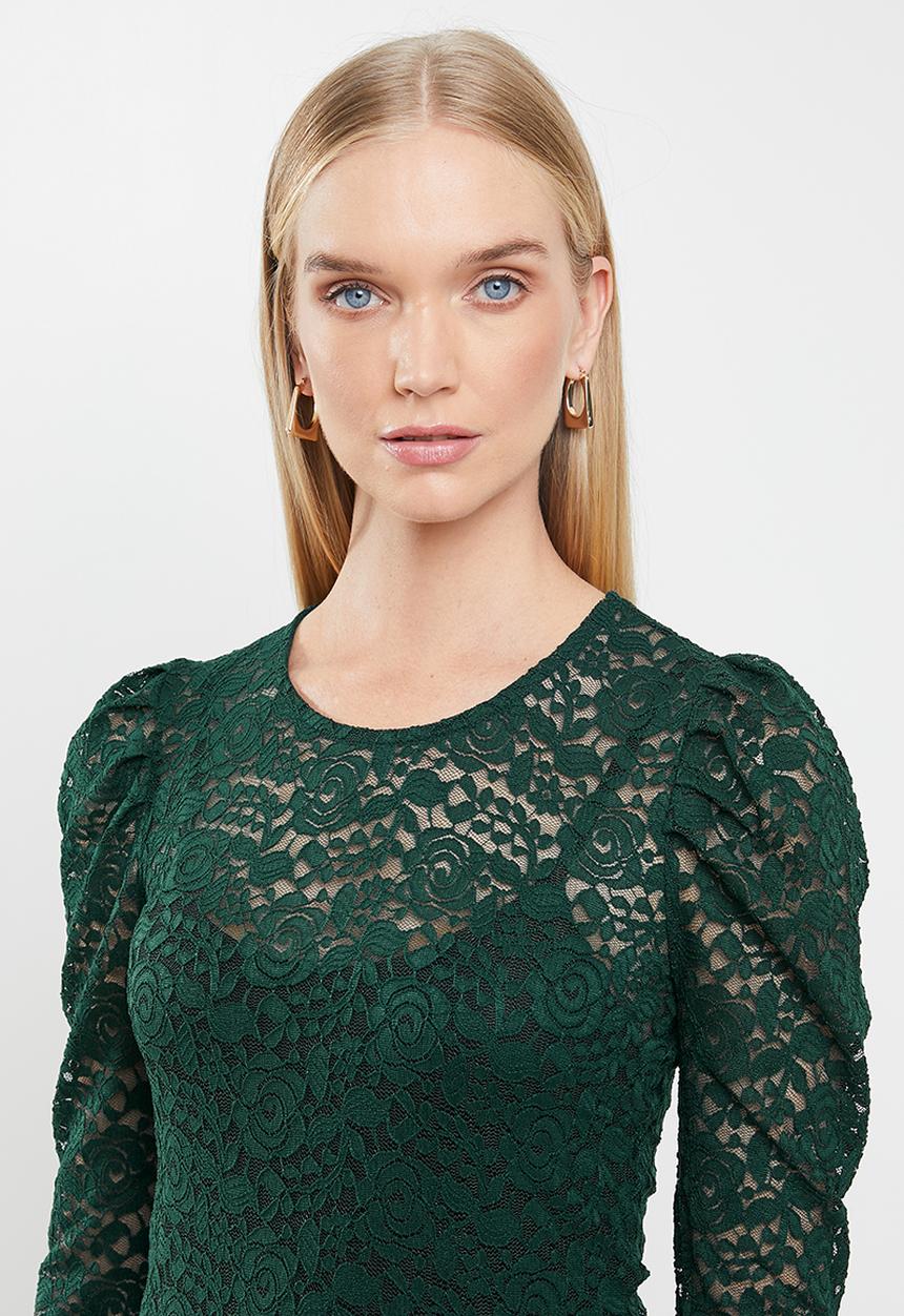 Jacqueline de Yong - Kim long sleeve puff sleeve lace top - green 