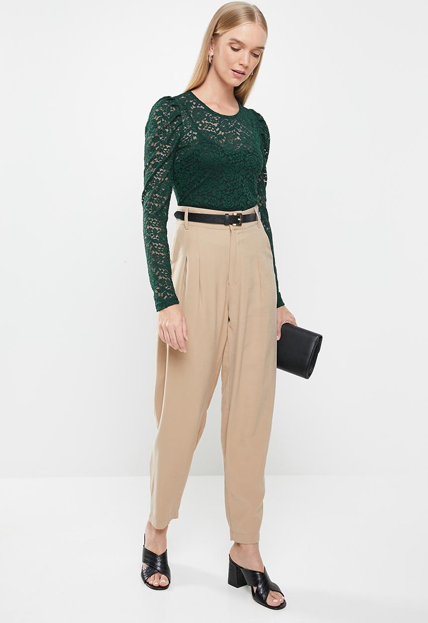 Jacqueline de Yong - Kim long sleeve puff sleeve lace top - green 
