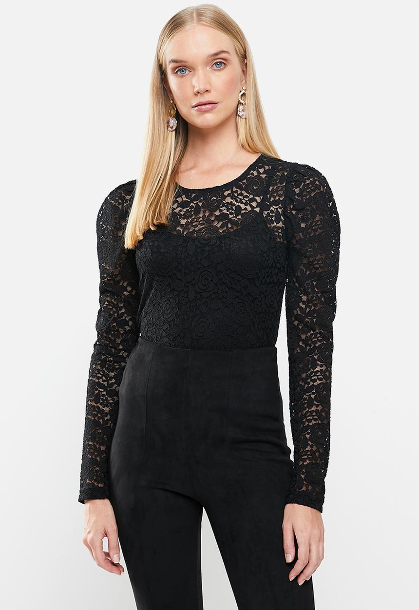 Jacqueline de Yong - Kim long sleeve puff sleeve lace top - black