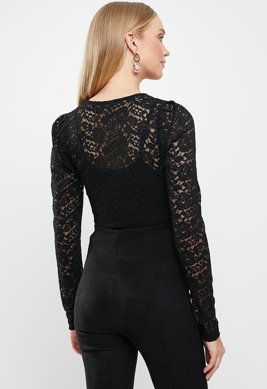 Jacqueline de Yong - Kim long sleeve puff sleeve lace top - black