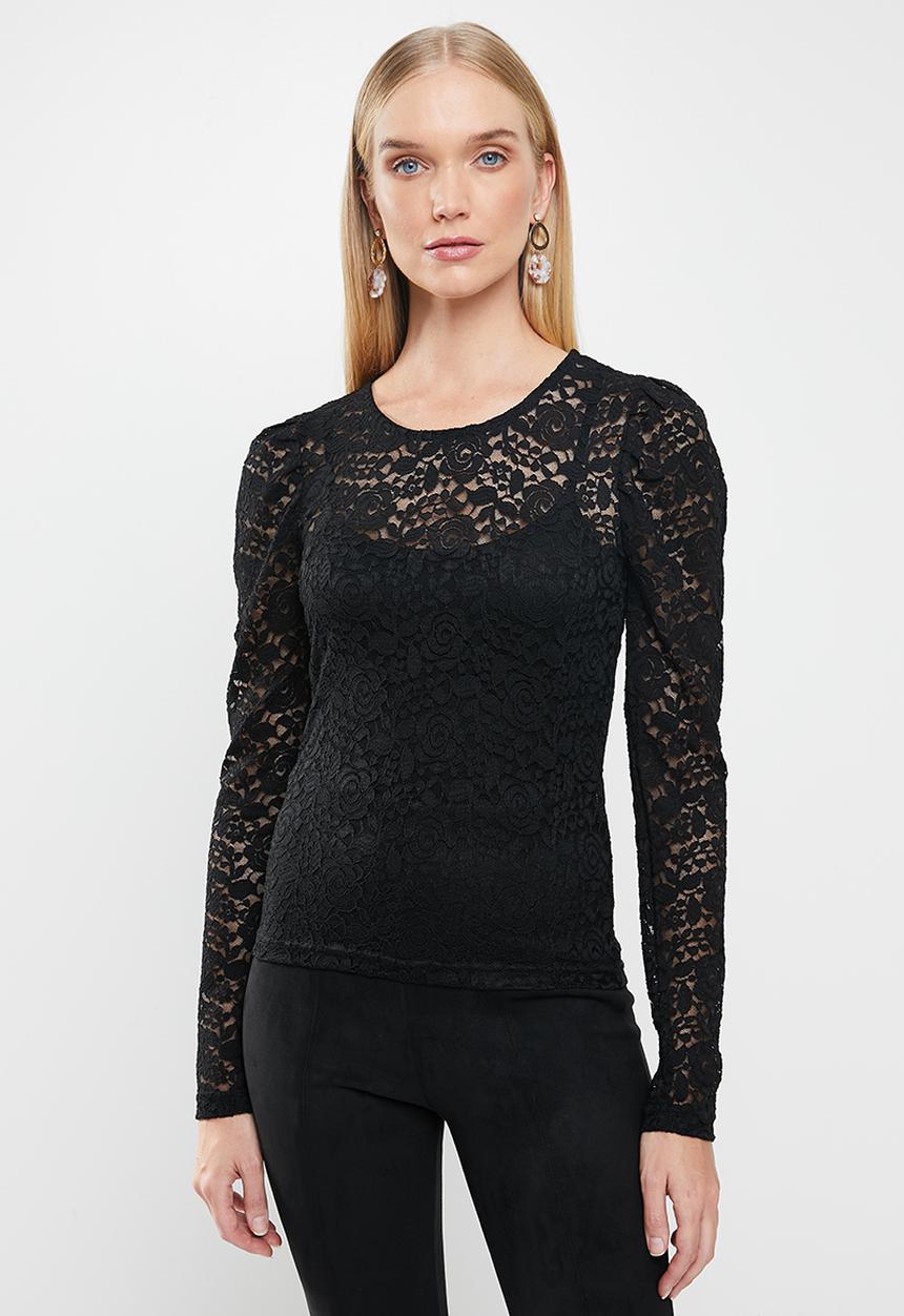 Jacqueline de Yong - Kim long sleeve puff sleeve lace top - black