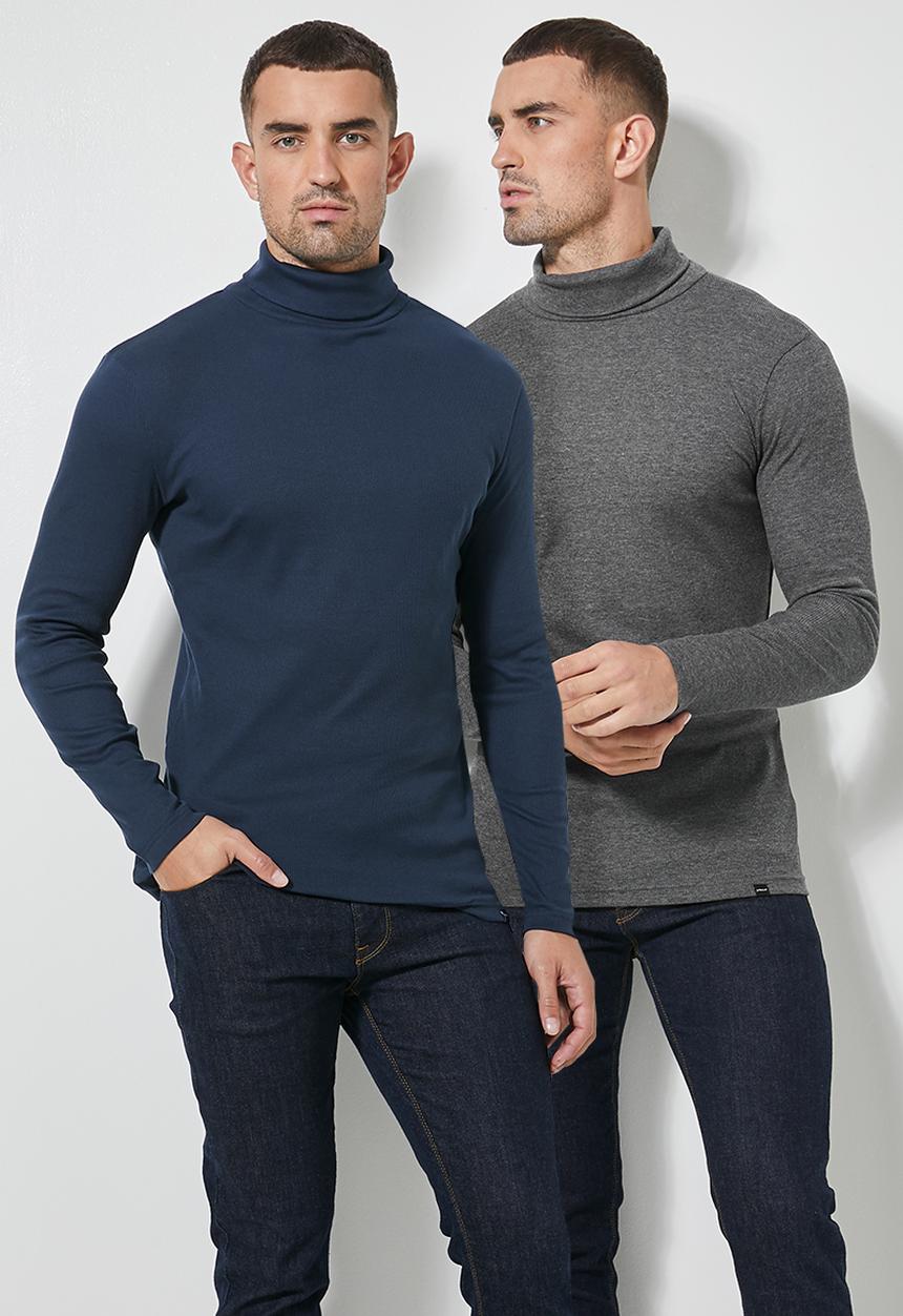 Superbalist - 2-pack sochi long sleeve ribbed roll neck tee - navy & charcoal