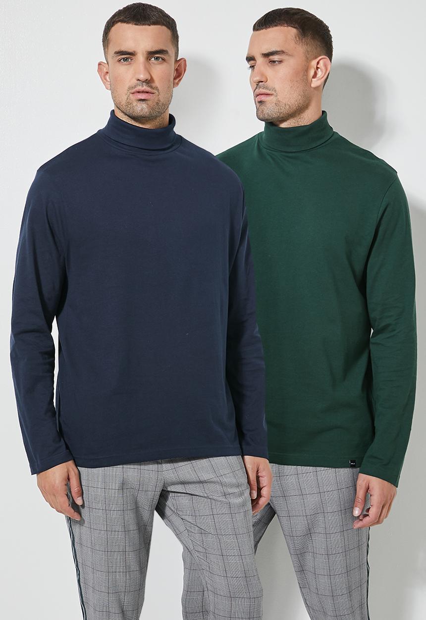 Superbalist - 2-pack milan long sleeve neck tee - navy & dark green