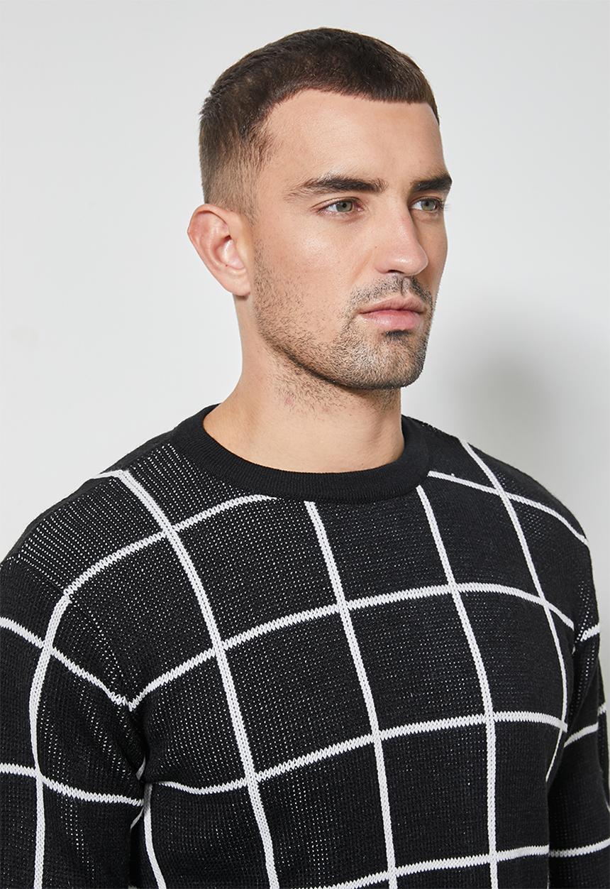 Superbalist - Check pattern crew knit - black & white