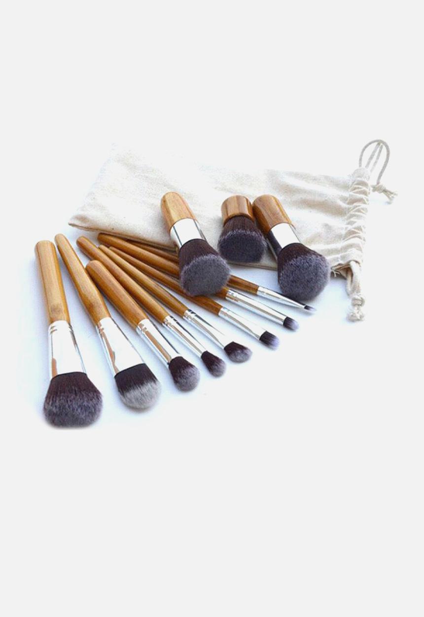 Glam Beauty - 11 Piece Make Up Brush Set and Pouch - Bamboo