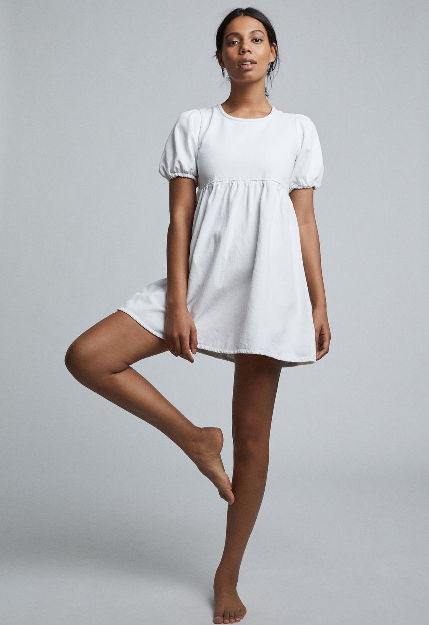 Cotton On - Denim open back babydoll mini dress - white