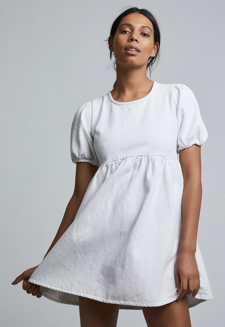 Cotton On - Denim open back babydoll mini dress - white