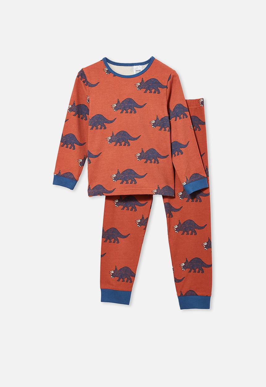 Cotton On - Orlando long sleeve pyjama set - textured dinosaur & chutney