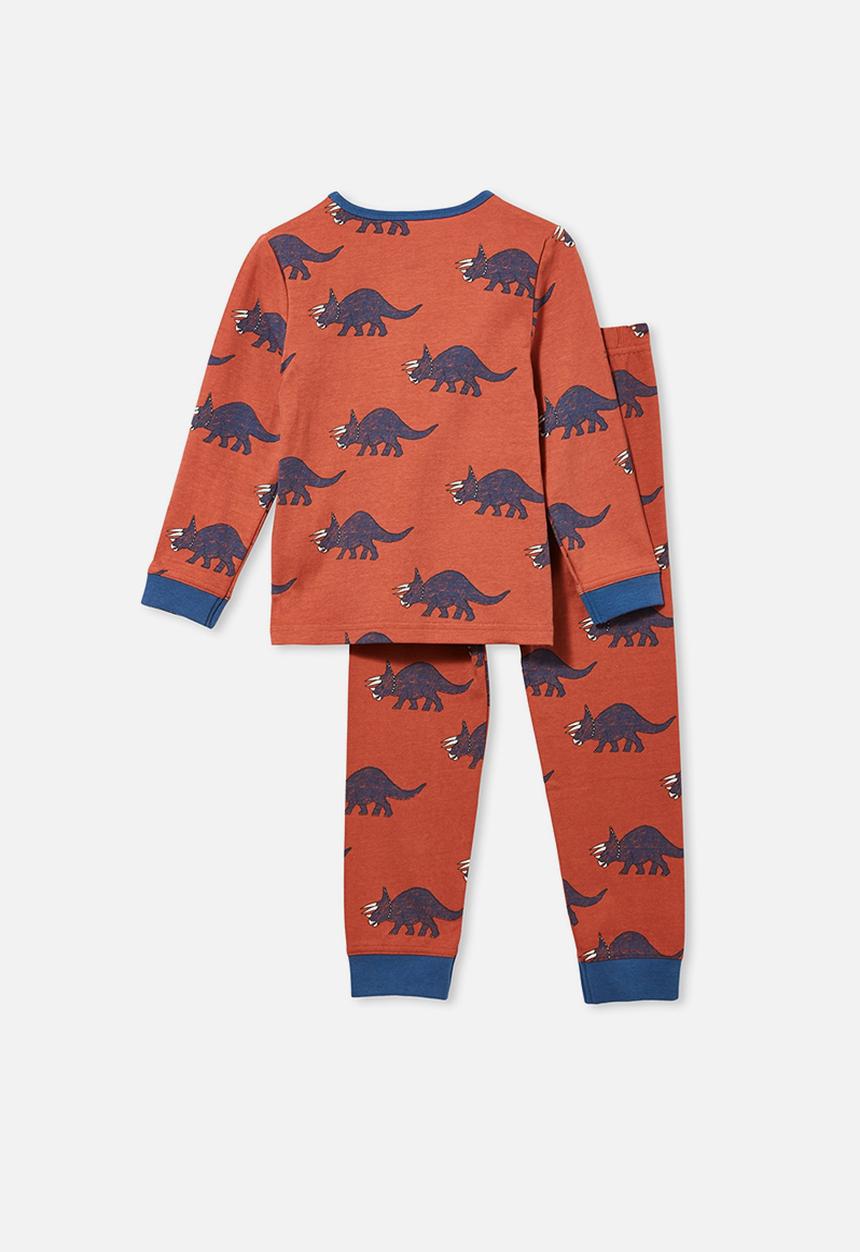 Cotton On - Orlando long sleeve pyjama set - textured dinosaur & chutney