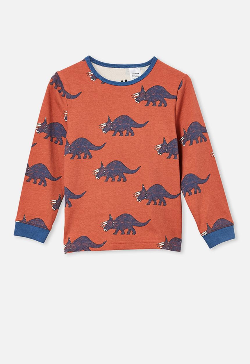 Cotton On - Orlando long sleeve pyjama set - textured dinosaur & chutney