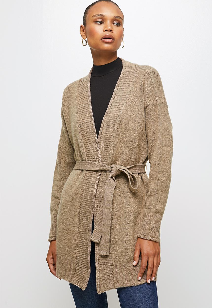 edit - Two tone belted long cardi - brown