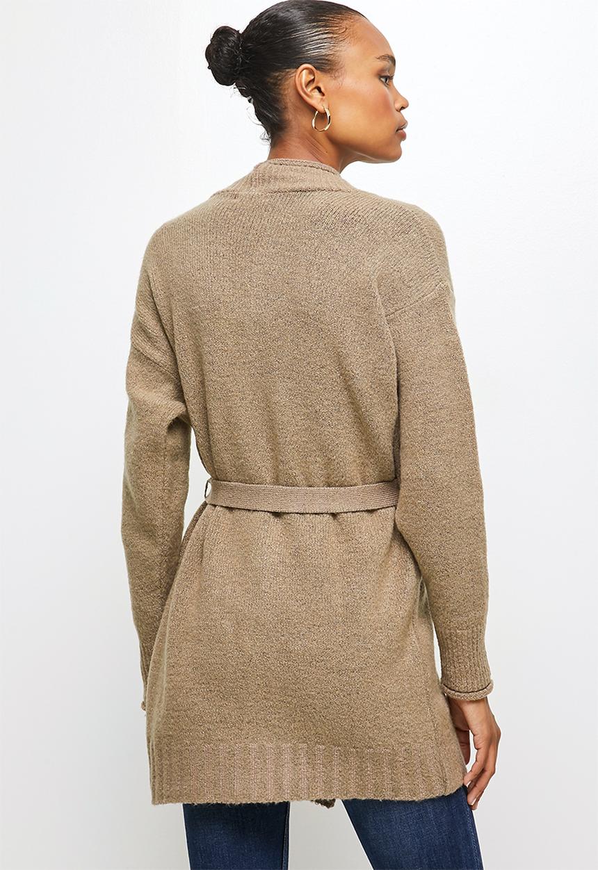 edit - Two tone belted long cardi - brown