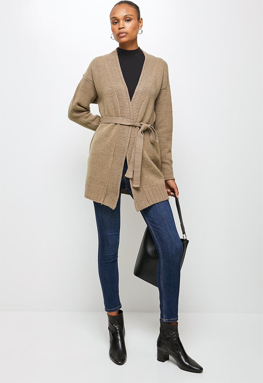 edit - Two tone belted long cardi - brown