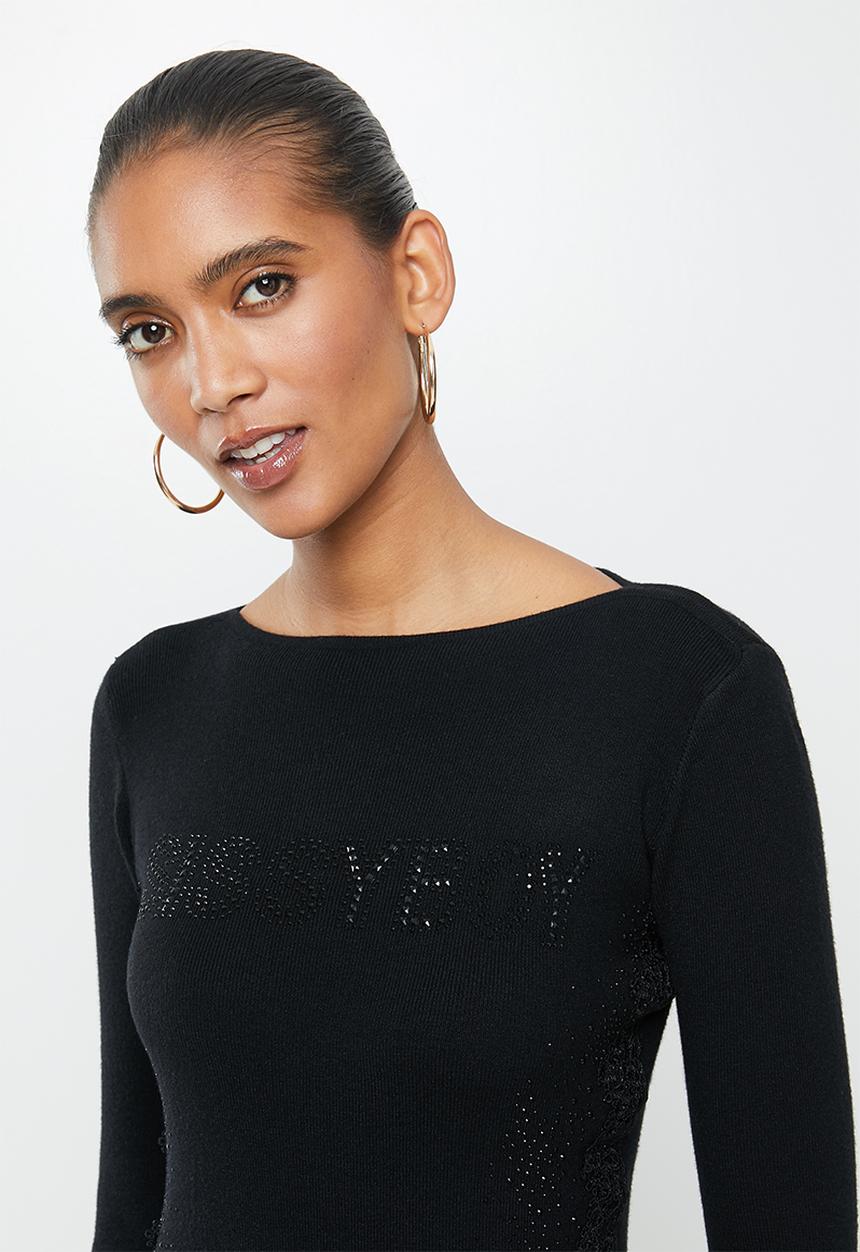 SISSY BOY - Logo knitwear with bling & crochet detailing - black