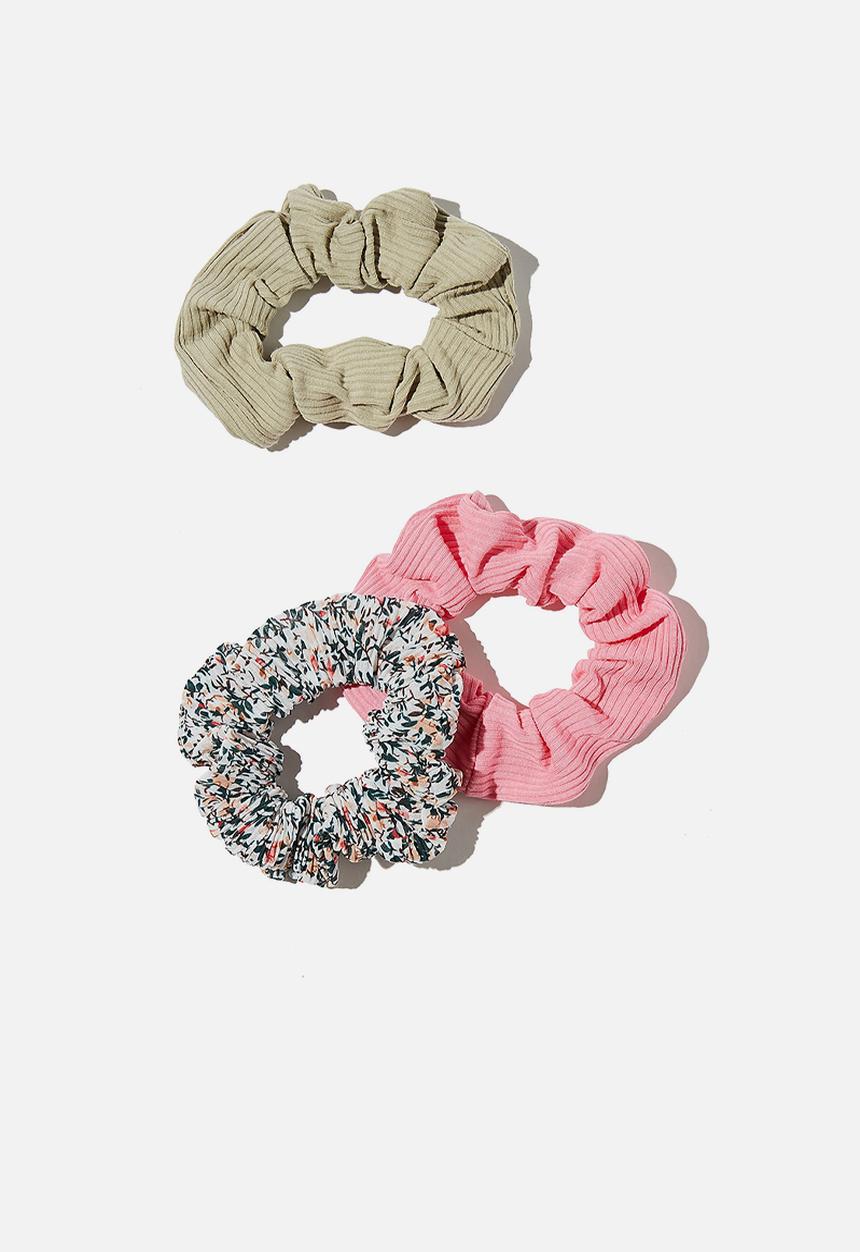 Rubi - 3 pack scrunchies - pink khaki ditsy rib