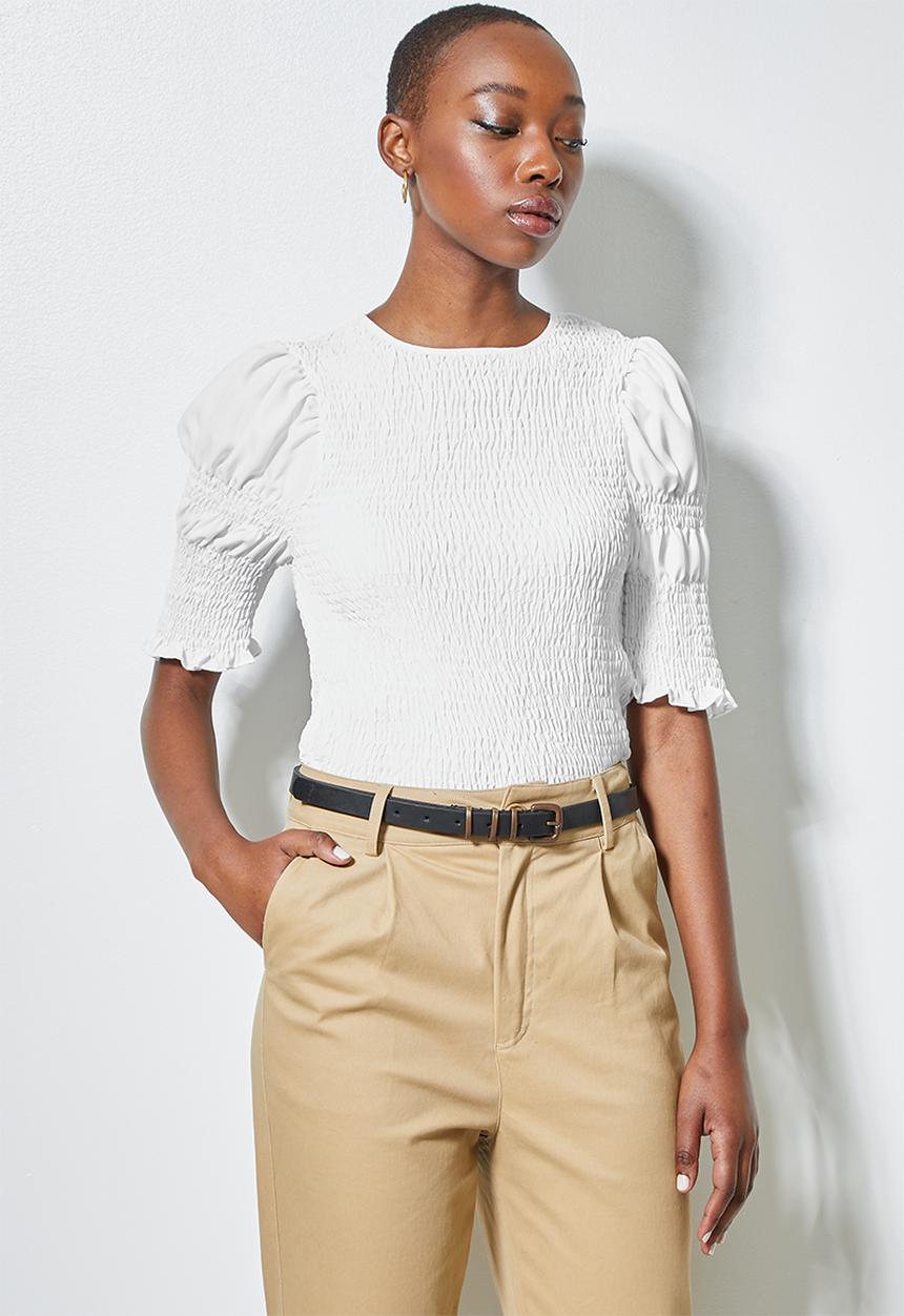 Superbalist - Hi neck shirred top - white