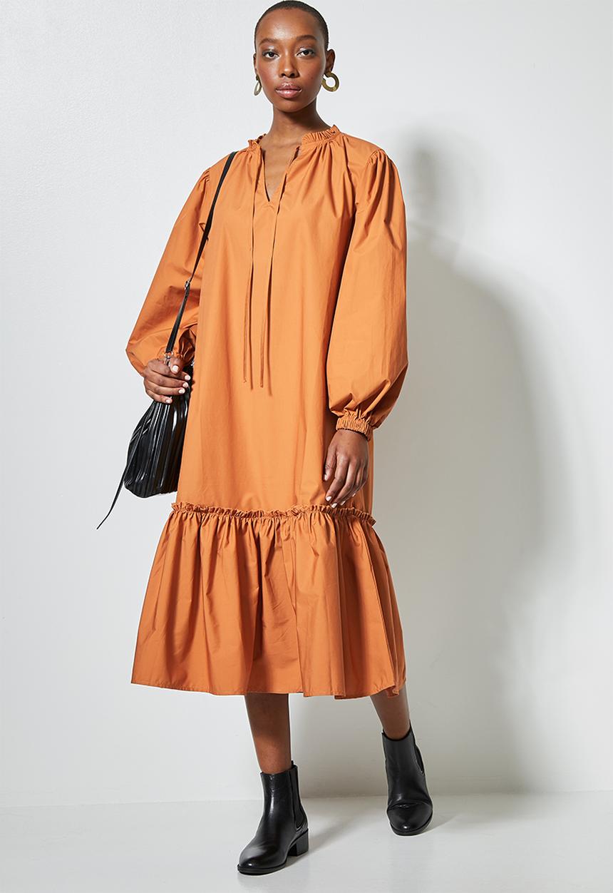 Superbalist - Formal tiered dress with pie crust neckline - tobacco