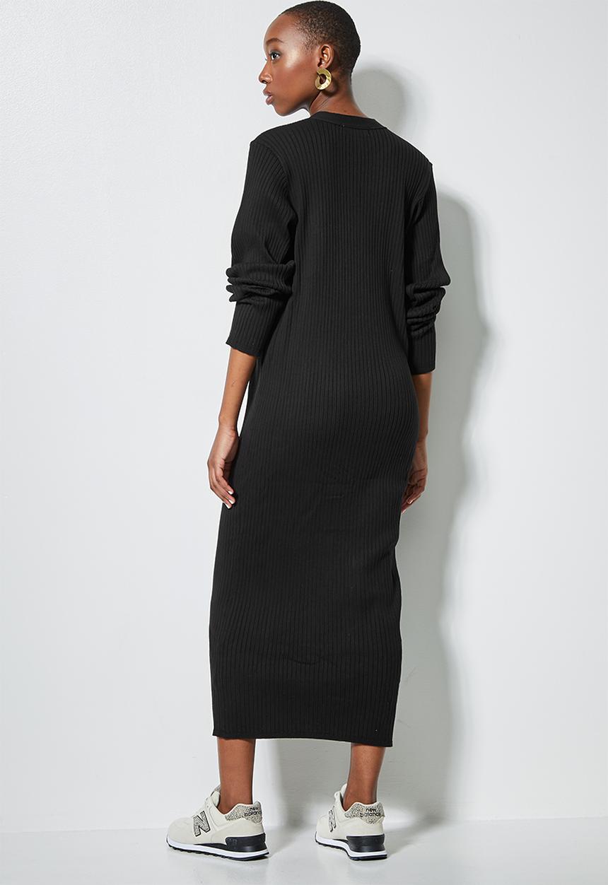 Superbalist - Organic cotton ribbed button thru knitwear dress  - black