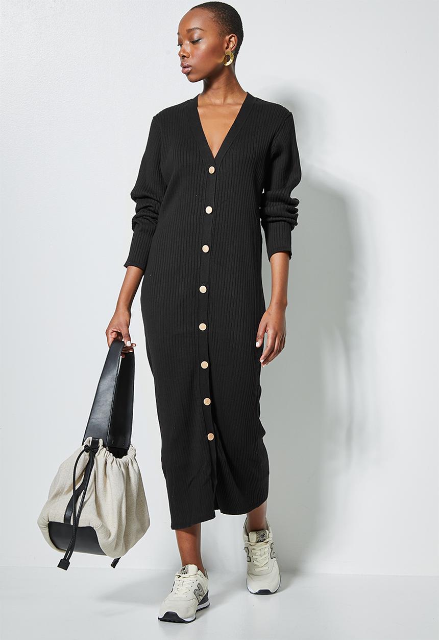 Superbalist - Organic cotton ribbed button thru knitwear dress  - black