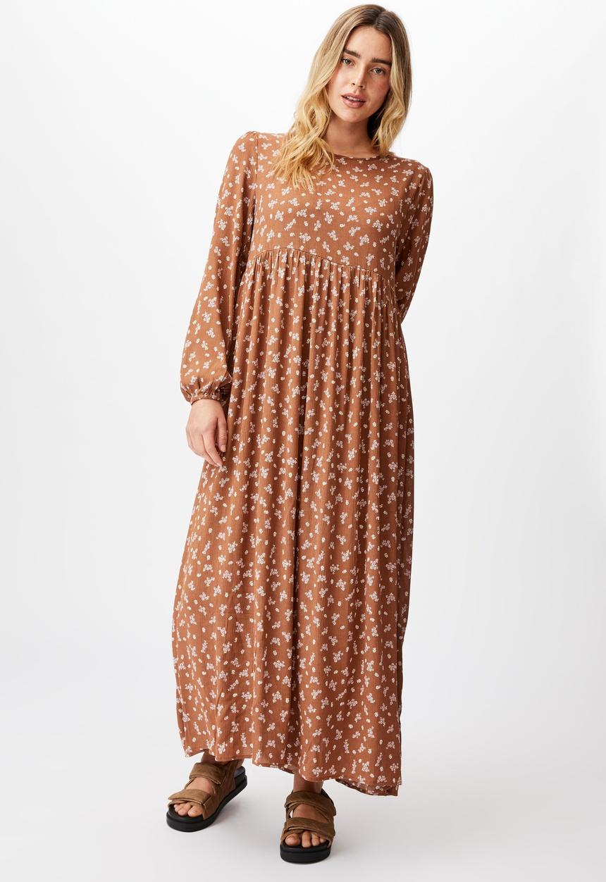 Cotton On - Woven kimberly babydoll long sleeve maxi dress - riddle ditsy leaf brown