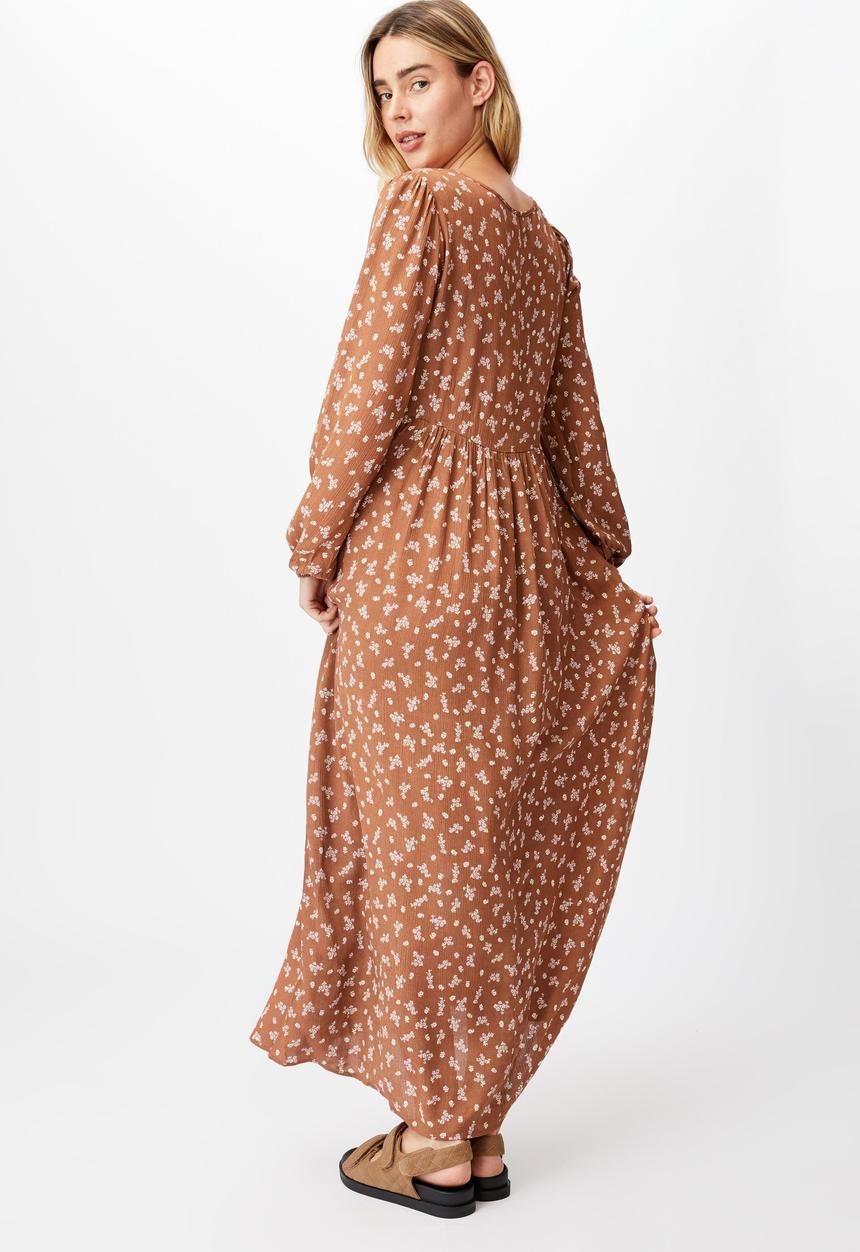 Cotton On - Woven kimberly babydoll long sleeve maxi dress - riddle ditsy leaf brown