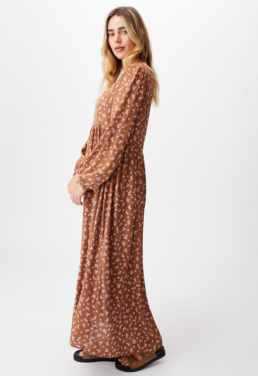 Cotton On - Woven kimberly babydoll long sleeve maxi dress - riddle ditsy leaf brown