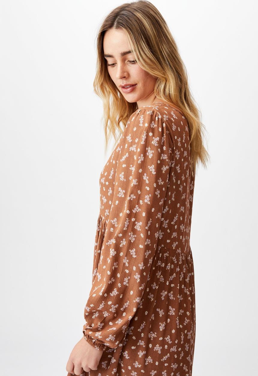 Cotton On - Woven kimberly babydoll long sleeve maxi dress - riddle ditsy leaf brown