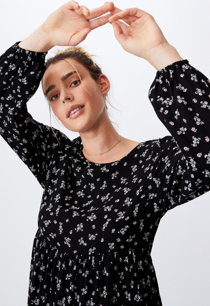 Cotton On - Woven kimberly babydoll long sleeve maxi dress - riddle ditsy black