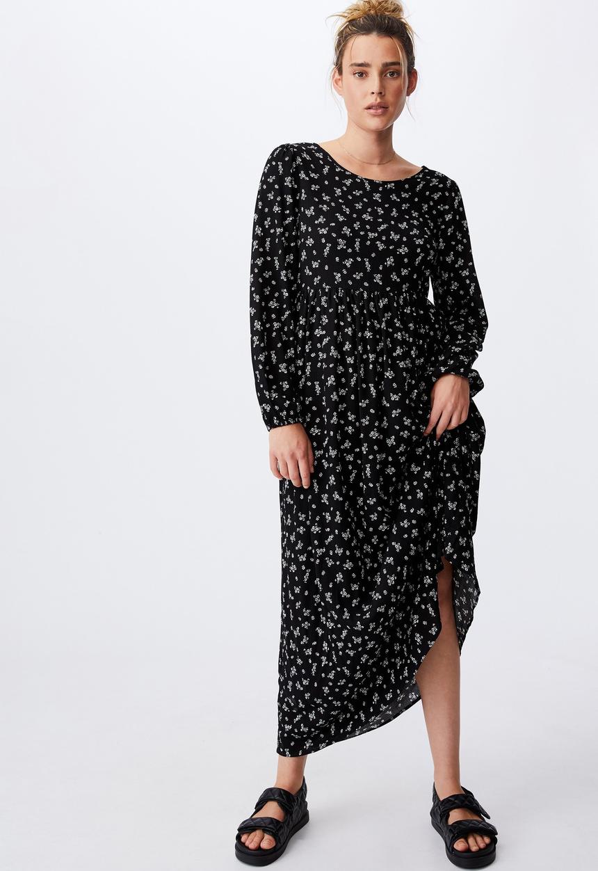 Cotton On - Woven kimberly babydoll long sleeve maxi dress - riddle ditsy black