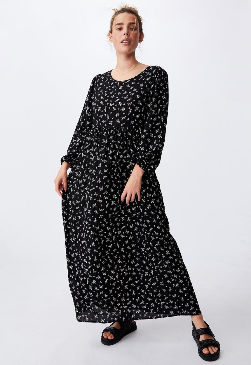 Cotton On - Woven kimberly babydoll long sleeve maxi dress - riddle ditsy black
