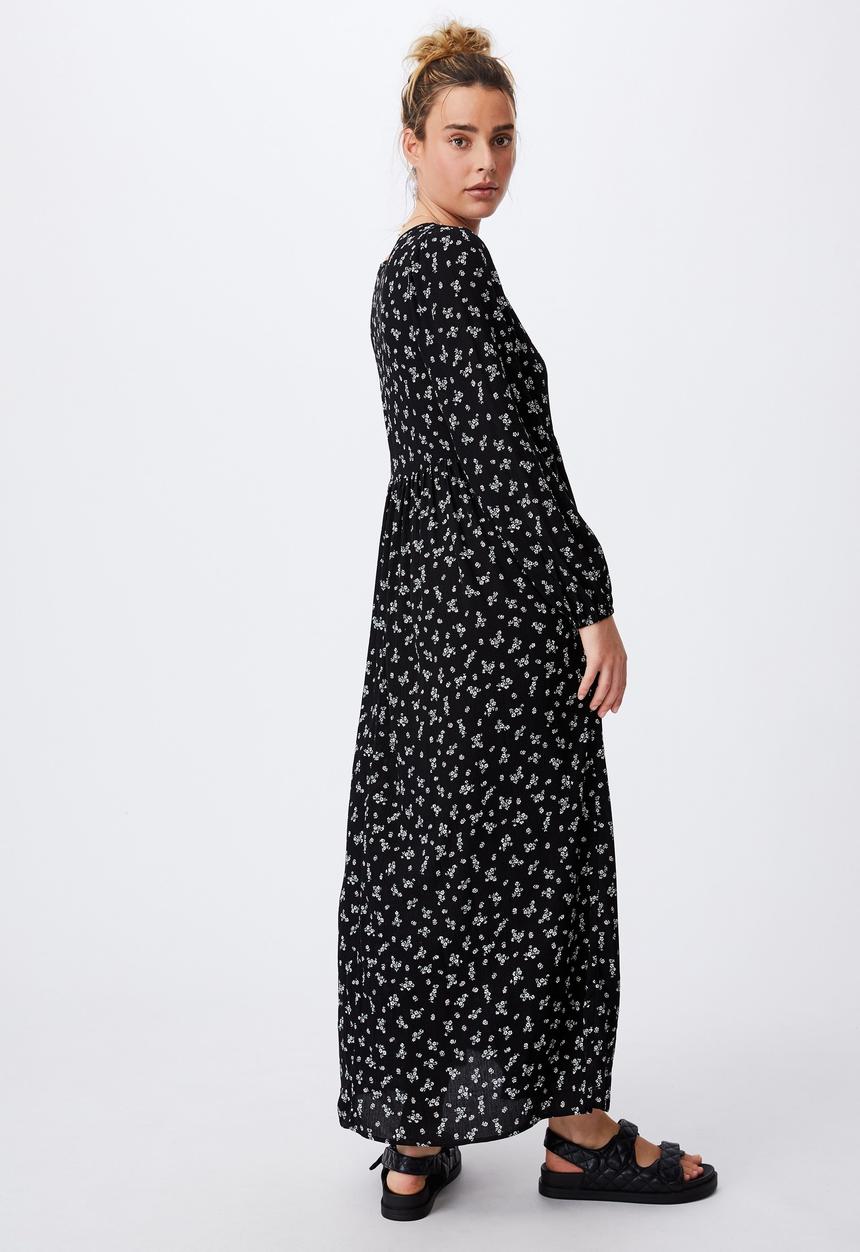 Cotton On - Woven kimberly babydoll long sleeve maxi dress - riddle ditsy black